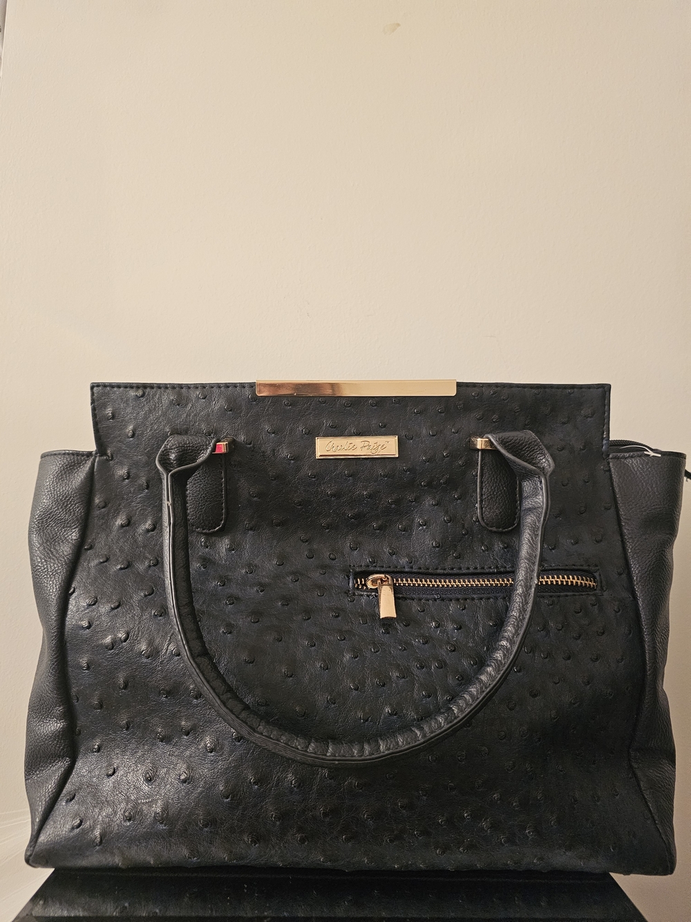 Charlie Paige Black Structured Tote with Gold Accents